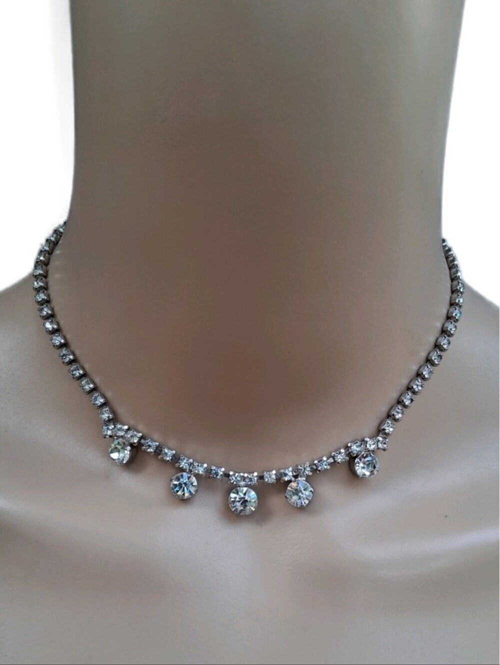 Vintage Mid Century Clear Rhinestone Choker Necklace Prom Bridal